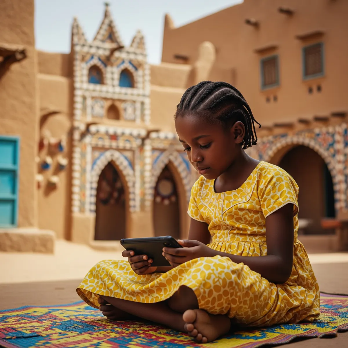 A girl learning on a tablet in front of a traditional Hausa building